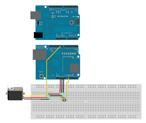 Schaltplan mit Arduino, Ethernet-Board, Servo und Photo-Sensor